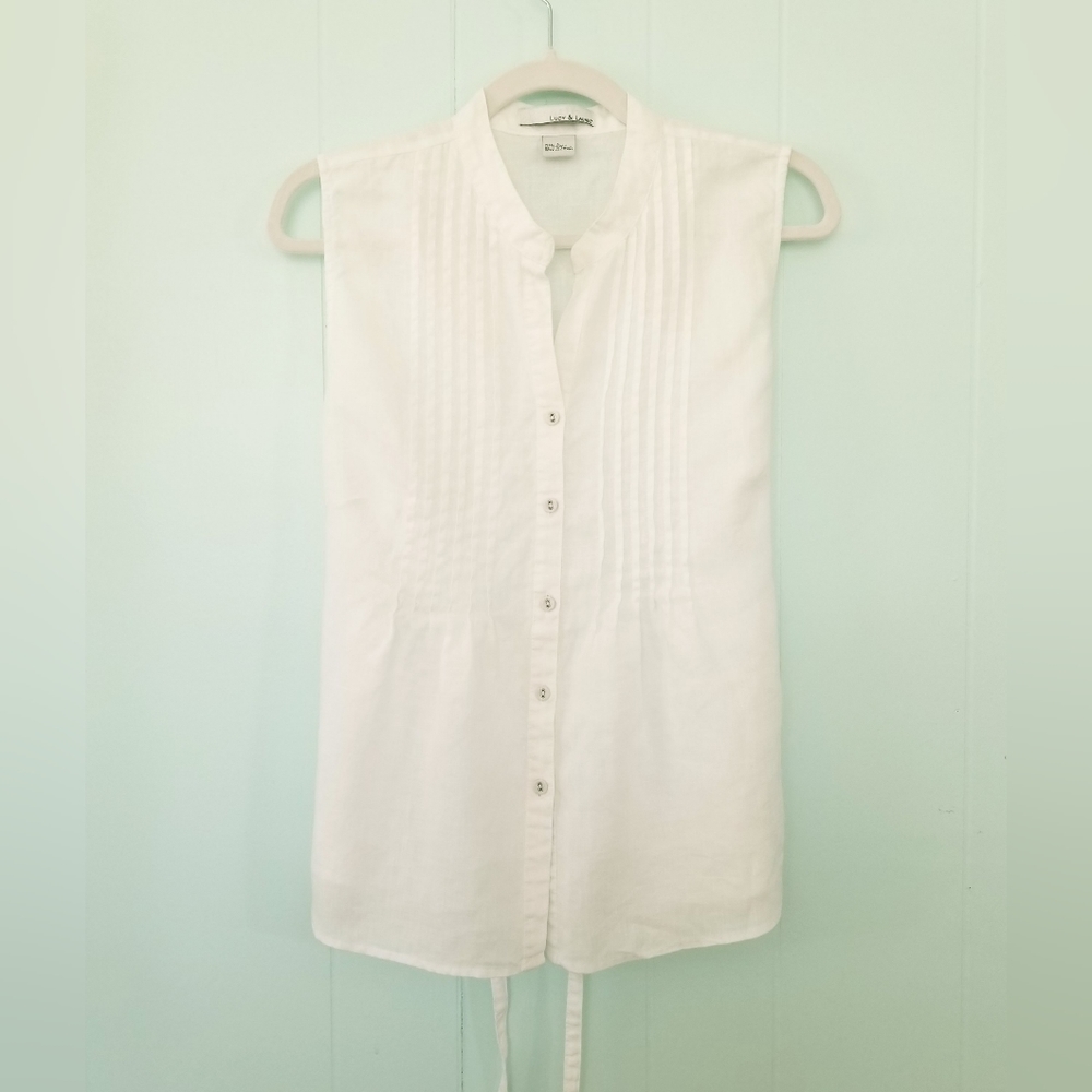 Lucy And Laurel White Linen Sleeveless Pintuck Tie Back Top Large